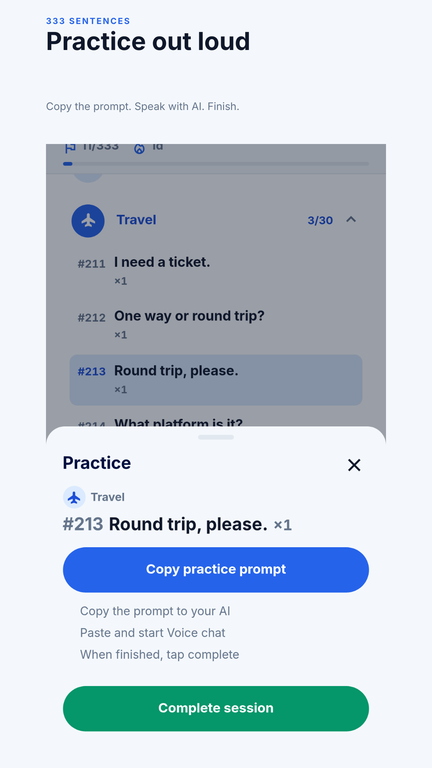 The 333 Sentences practice screen: one sentence at a time with an AI voice coach